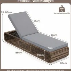 2er Set Rattan Sonnenliege mit Auflage & Verstellbarer Rückenlehne Wetterfeste Balkonliege Khaki/Grau/Beige