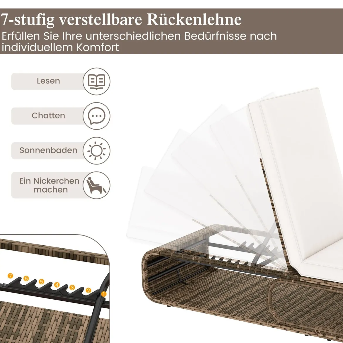 2er Set Rattan Sonnenliege mit Auflage & Verstellbarer Rückenlehne Wetterfeste Balkonliege Khaki/Grau/Beige