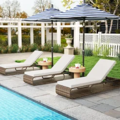 2er Set Rattan Sonnenliege mit Auflage & Verstellbarer Rückenlehne Wetterfeste Balkonliege Khaki/Grau/Beige