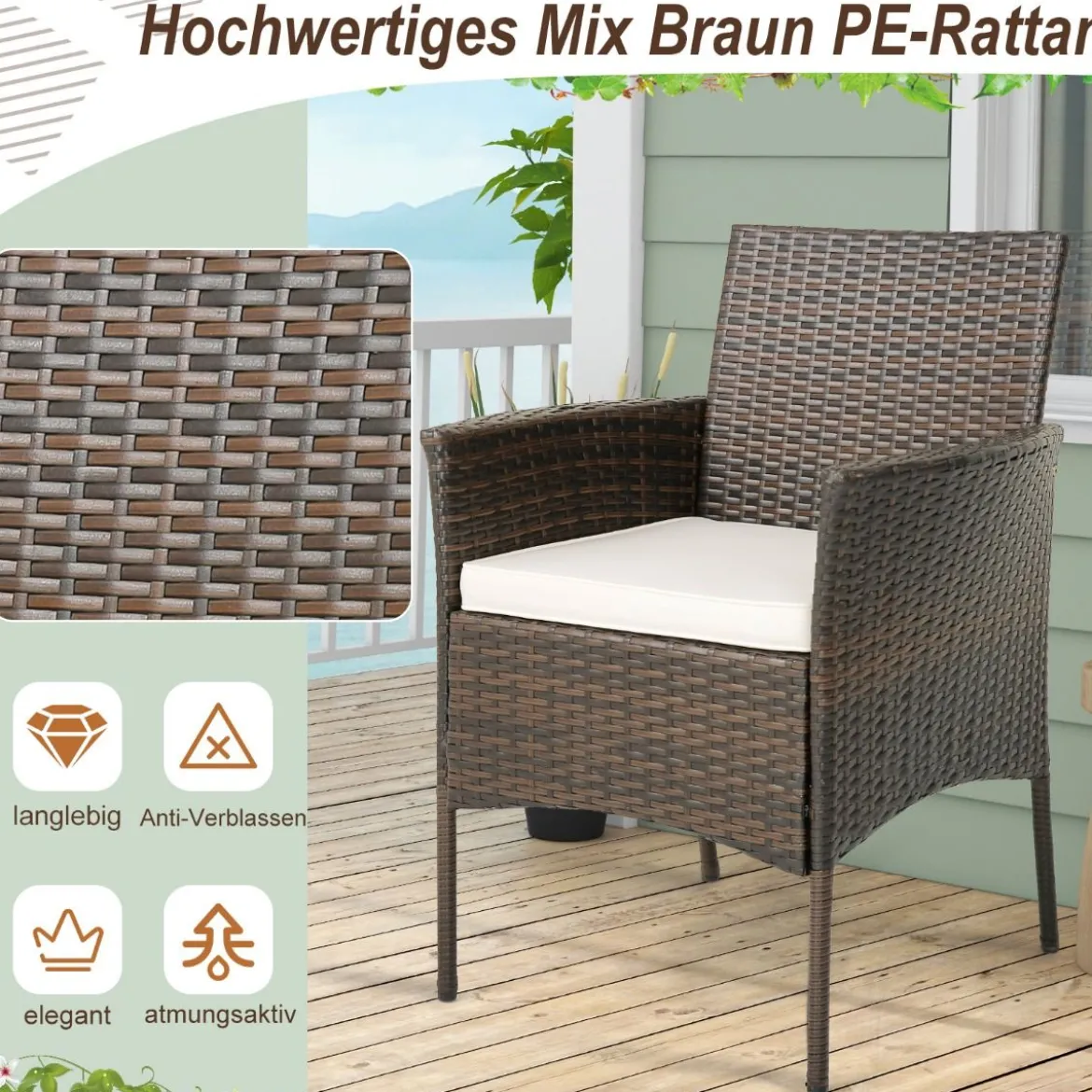 4er-Set Rattanstühle für draußen PE-Geflecht Gartenstühle mit Sitzkissen 63 x 59 x 84 cm
