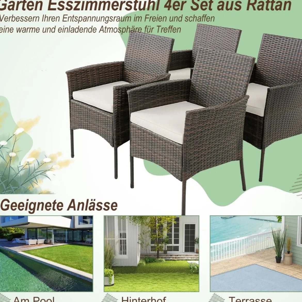 4er-Set Rattanstühle für draußen PE-Geflecht Gartenstühle mit Sitzkissen 63 x 59 x 84 cm