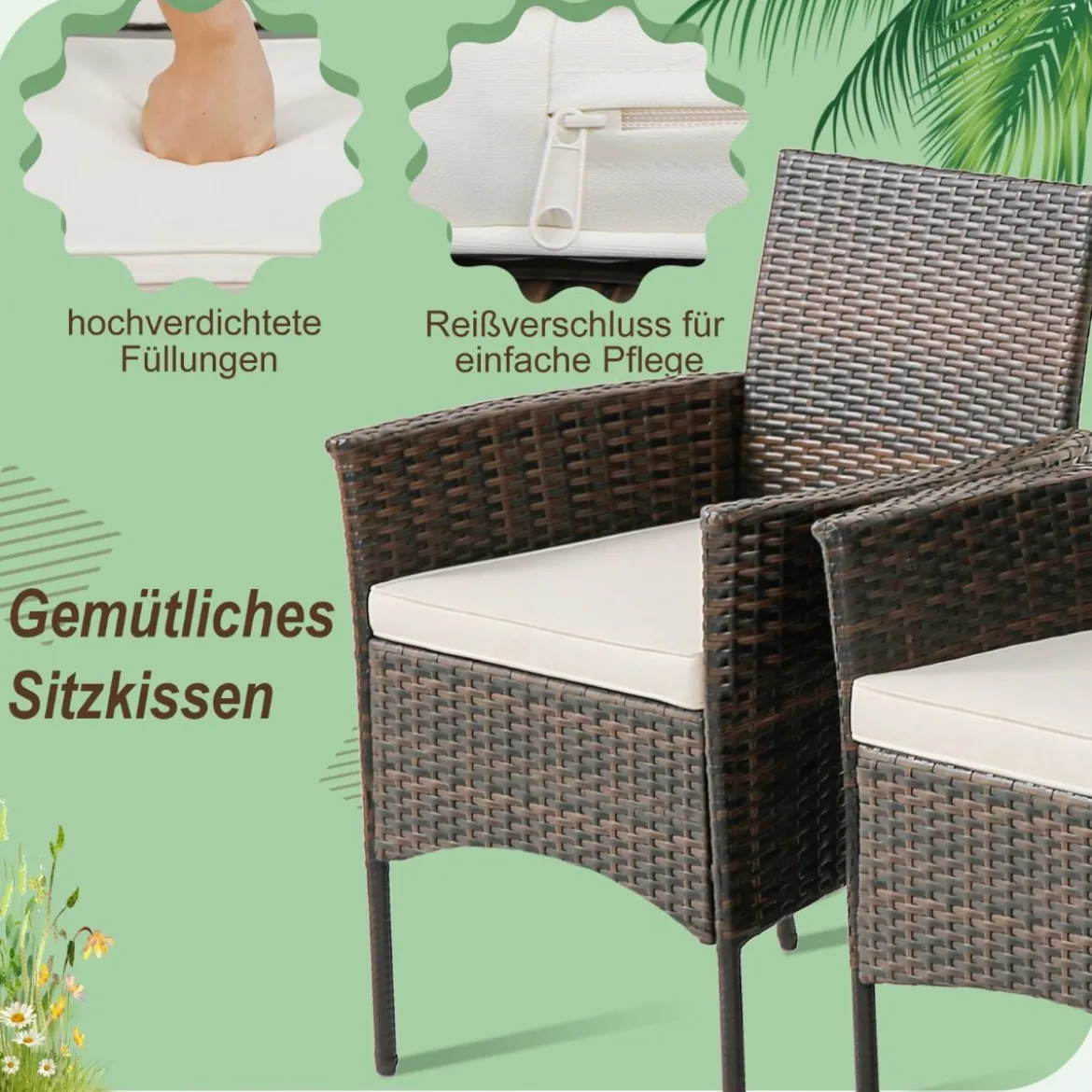 4er-Set Rattanstühle für draußen PE-Geflecht Gartenstühle mit Sitzkissen 63 x 59 x 84 cm