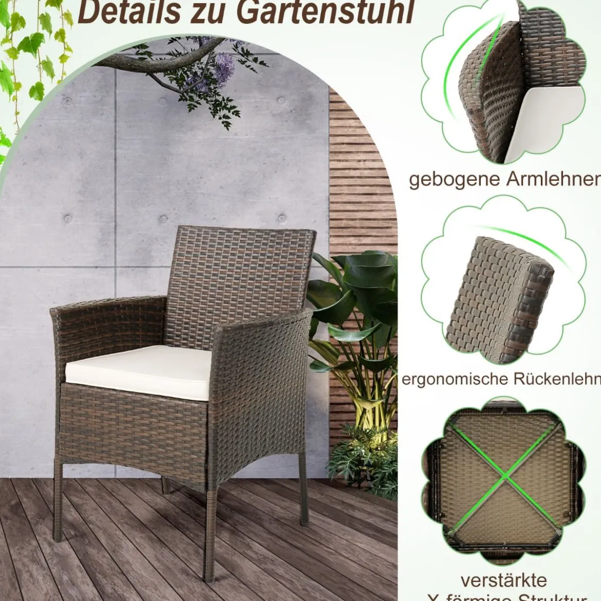 4er-Set Rattanstühle für draußen PE-Geflecht Gartenstühle mit Sitzkissen 63 x 59 x 84 cm