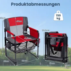 2er Set Regiestuhl Klappbar Campingstuhl mit Mesh-Ablage Getränkehalter & Flaschenöffner bis 150 kg Belastbar Rot