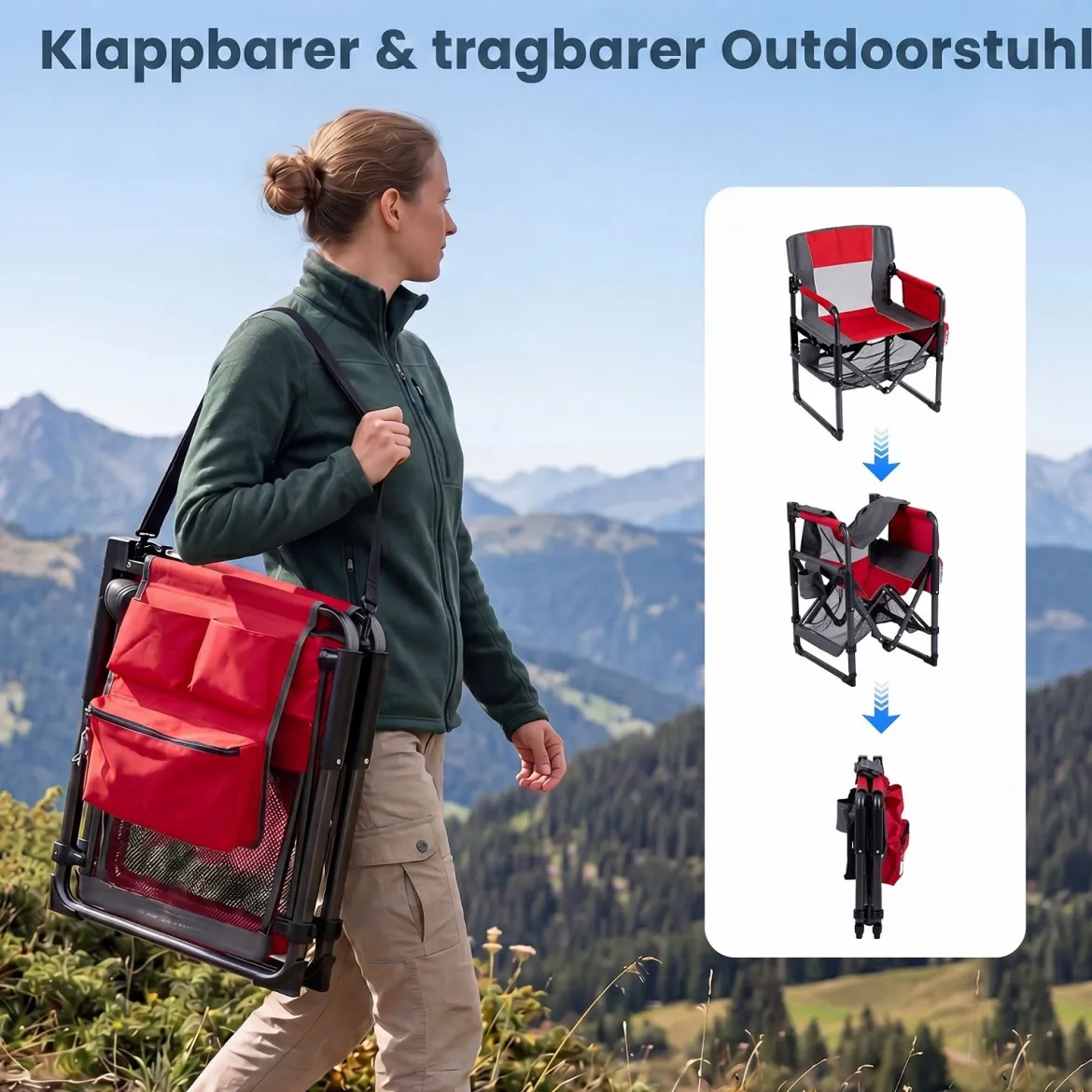 2er Set Regiestuhl Klappbar Campingstuhl mit Mesh-Ablage Getränkehalter & Flaschenöffner bis 150 kg Belastbar Rot