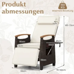2er Set Relaxliege Rattan Liegesessel mit weichen Kissen Verstellbarer Rückenlehne und Fußstütze Liegestuhl Grau/Weiß