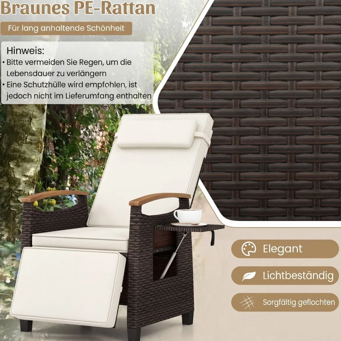 2er Set Relaxliege Rattan Liegesessel mit weichen Kissen Verstellbarer Rückenlehne und Fußstütze Liegestuhl Grau/Weiß