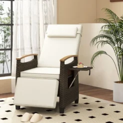 2er Set Relaxliege Rattan Liegesessel mit weichen Kissen Verstellbarer Rückenlehne und Fußstütze Liegestuhl Grau/Weiß