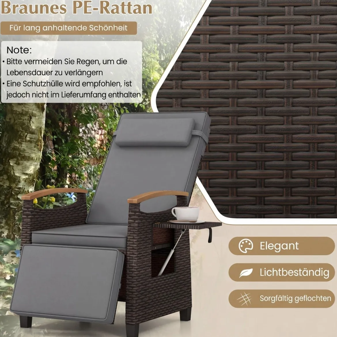 2er Set Relaxliege Rattan Liegesessel mit weichen Kissen Verstellbarer Rückenlehne und Fußstütze Liegestuhl Grau/Weiß