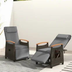 2er Set Relaxliege Rattan Liegesessel mit weichen Kissen Verstellbarer Rückenlehne und Fußstütze Liegestuhl Grau/Weiß