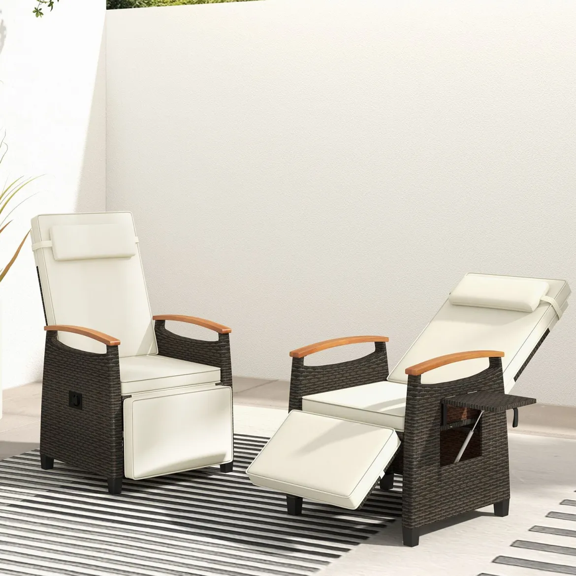 2er Set Relaxliege Rattan Liegesessel mit weichen Kissen Verstellbarer Rückenlehne und Fußstütze Liegestuhl Grau/Weiß