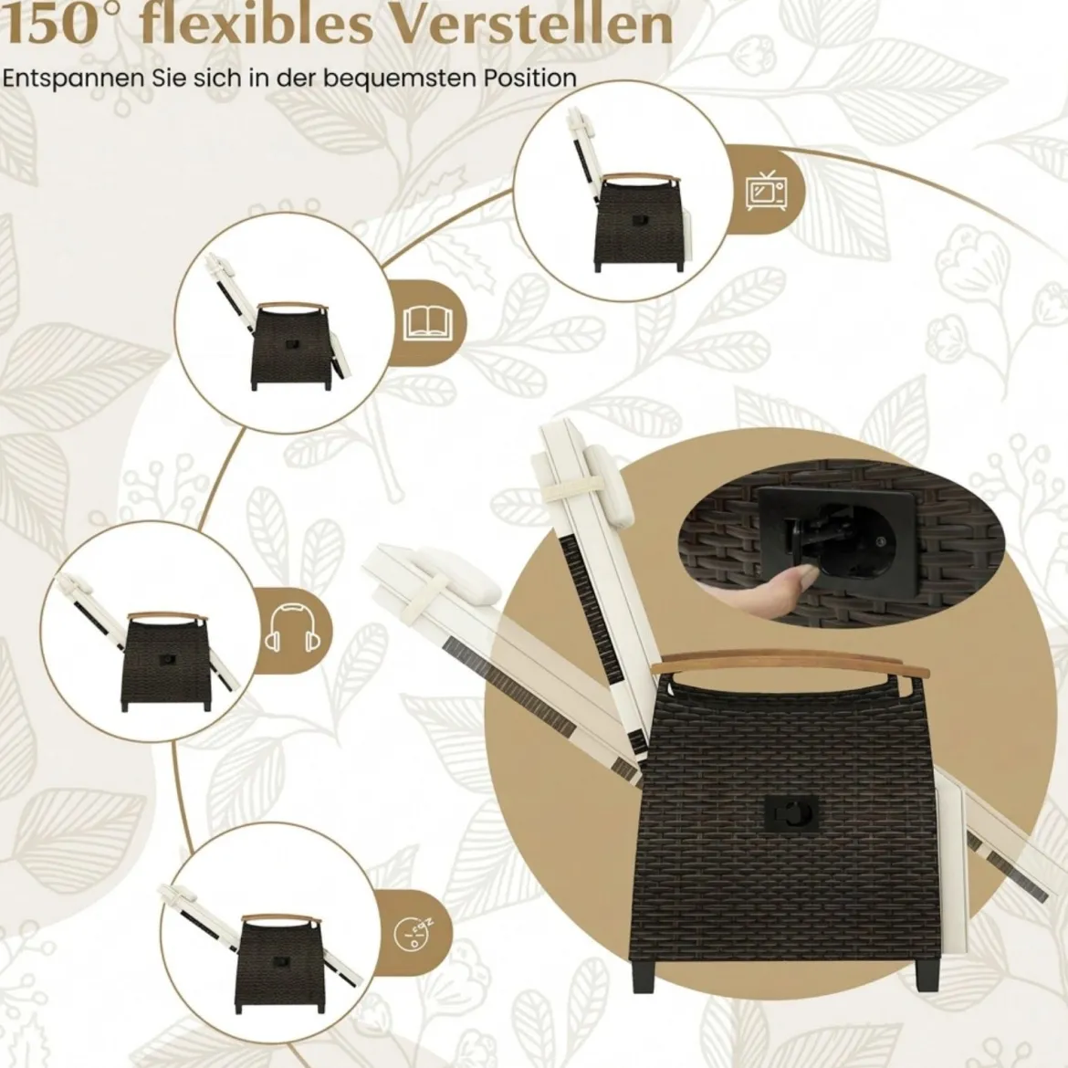 2er Set Relaxliege Rattan Liegesessel mit weichen Kissen Verstellbarer Rückenlehne und Fußstütze Liegestuhl Grau/Weiß