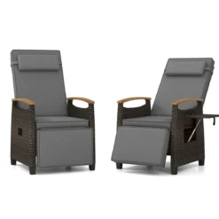 2er Set Relaxliege Rattan Liegesessel mit weichen Kissen Verstellbarer Rückenlehne und Fußstütze Liegestuhl Grau/Weiß