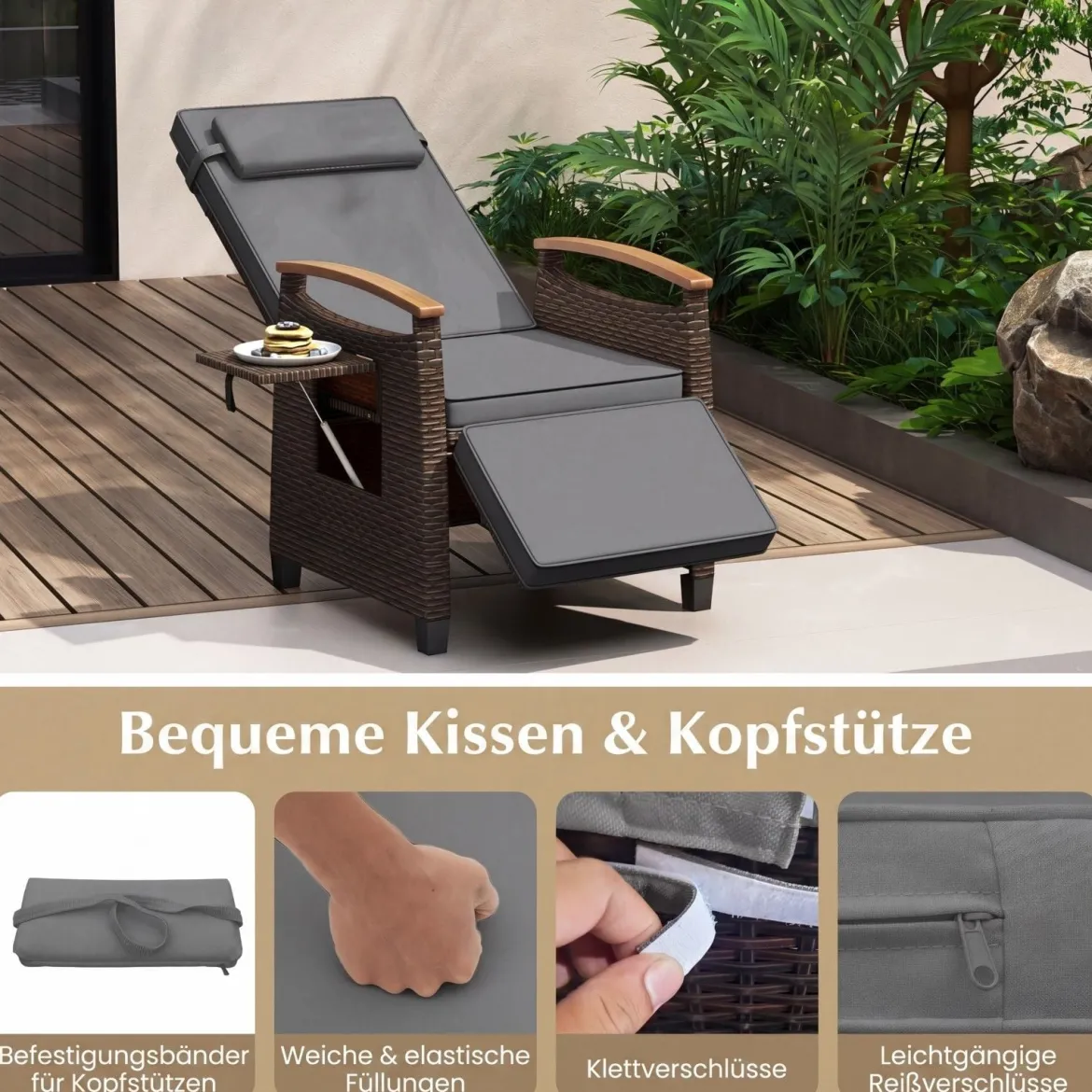 2er Set Relaxliege Rattan Liegesessel mit weichen Kissen Verstellbarer Rückenlehne und Fußstütze Liegestuhl Grau/Weiß