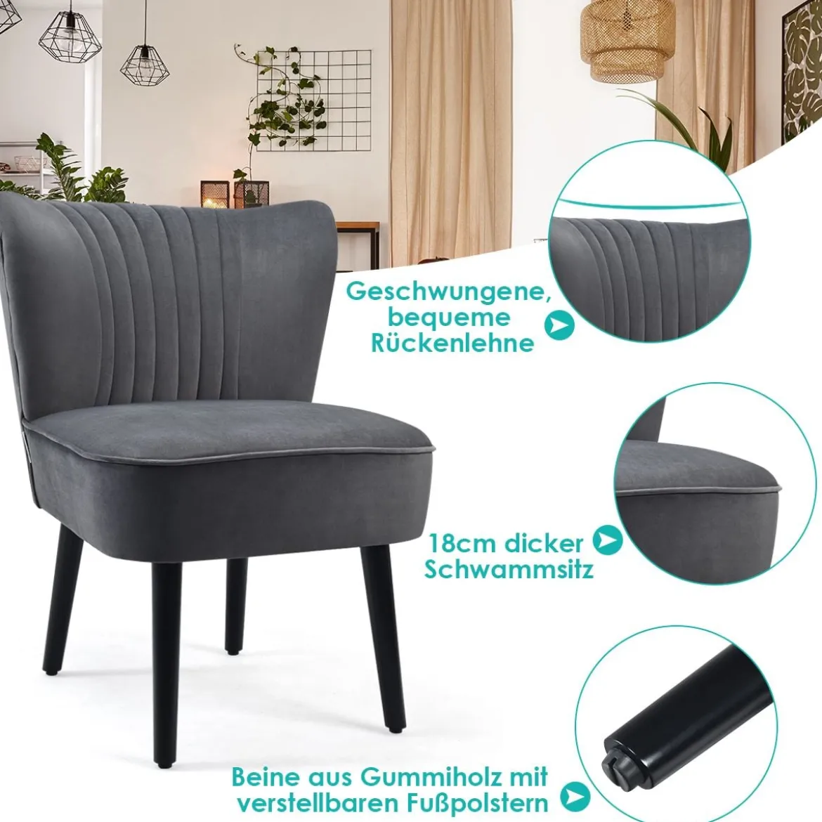 2er Set Relaxsessel mit hoher Rückenlehne & breitem gepolstertem Sitz Armlehnestuhl modern Grau