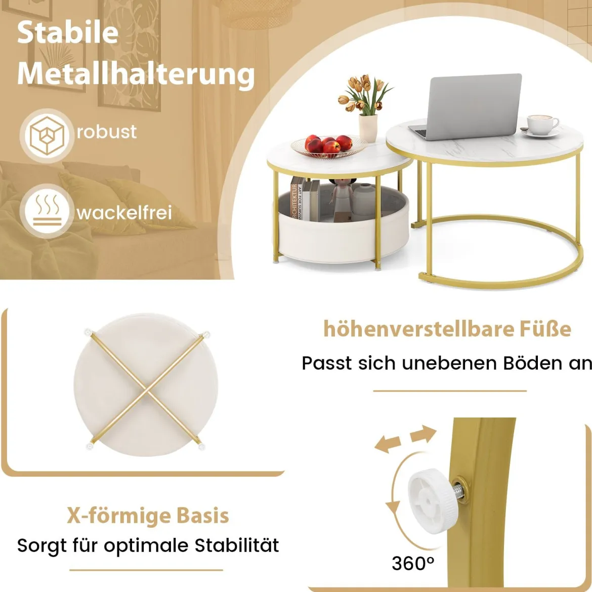 2er-Set runder Couchtisch runde Cocktailtische mit Stoff-Aufbewahrungskorb & Metallrahmen verschachtelbarer Beistelltisch Weiß