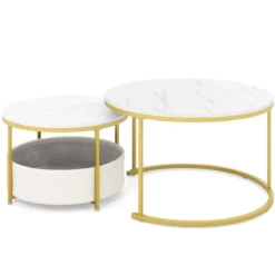 2er-Set runder Couchtisch runde Cocktailtische mit Stoff-Aufbewahrungskorb & Metallrahmen verschachtelbarer Beistelltisch Weiß