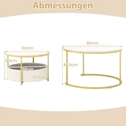 2er-Set runder Couchtisch runde Cocktailtische mit Stoff-Aufbewahrungskorb & Metallrahmen verschachtelbarer Beistelltisch Weiß