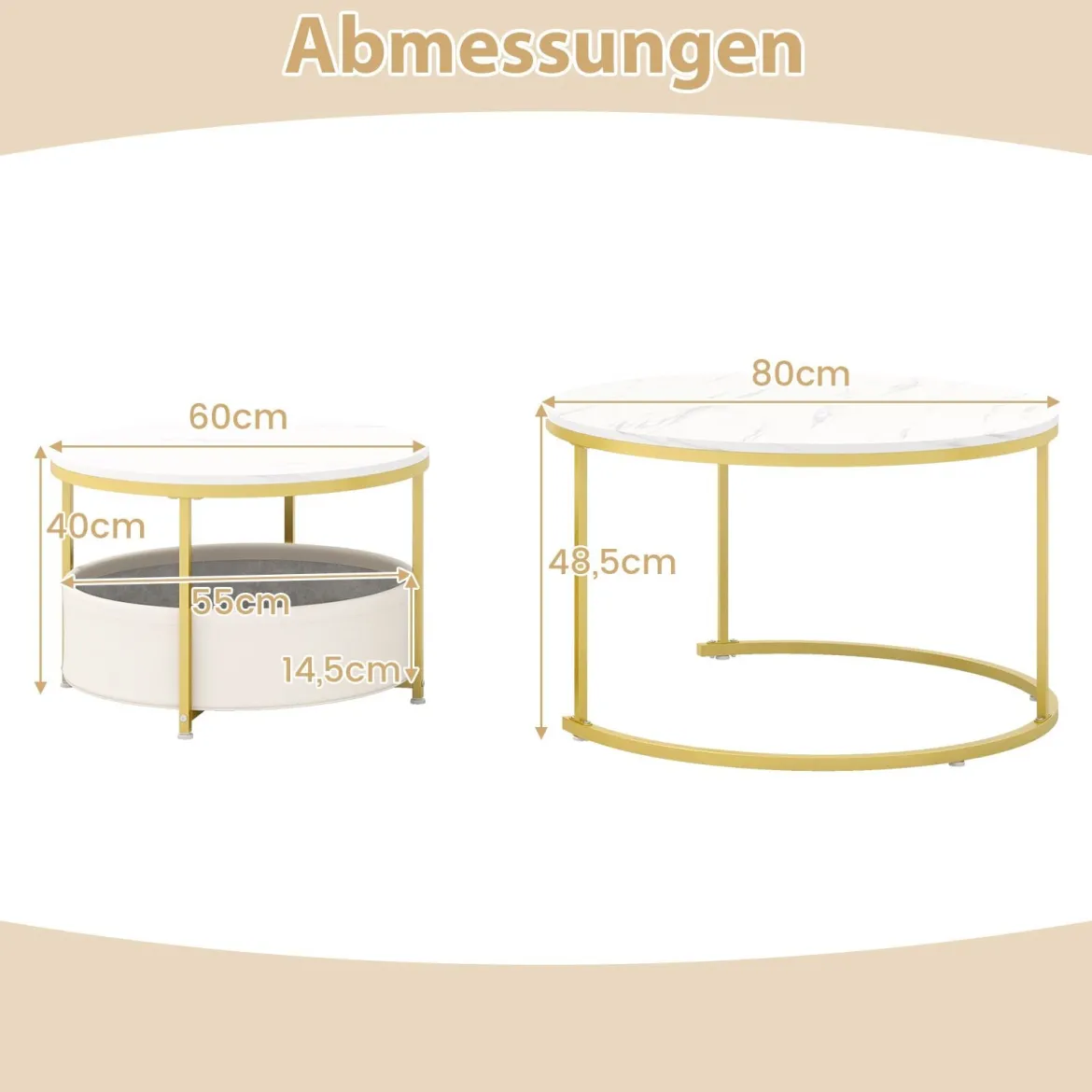 2er-Set runder Couchtisch runde Cocktailtische mit Stoff-Aufbewahrungskorb & Metallrahmen verschachtelbarer Beistelltisch Weiß