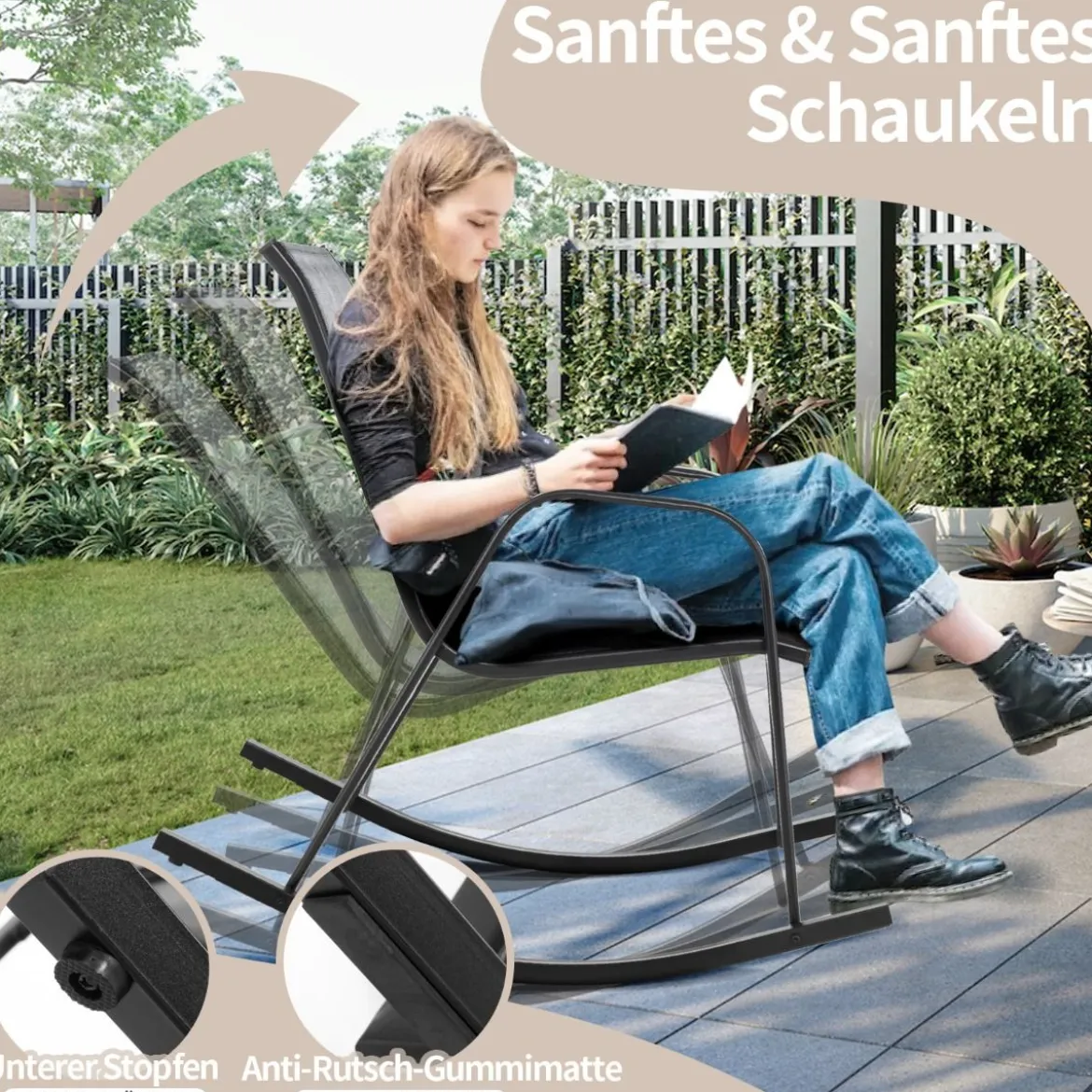 2er Set Schaukelstühle mit Atmungsaktivem Stoffsitz Ergonomische Terrassenstühle