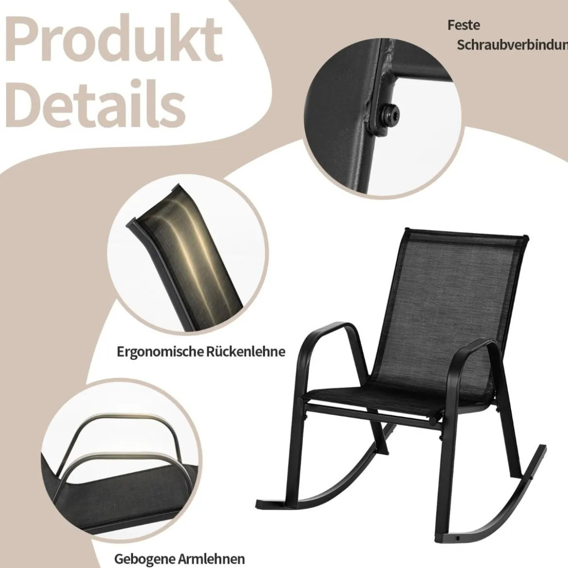 2er Set Schaukelstühle mit Atmungsaktivem Stoffsitz Ergonomische Terrassenstühle