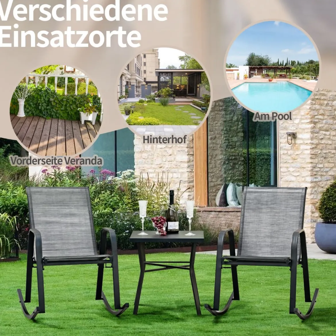 2er Set Schaukelstühle mit Atmungsaktivem Stoffsitz Ergonomische Terrassenstühle