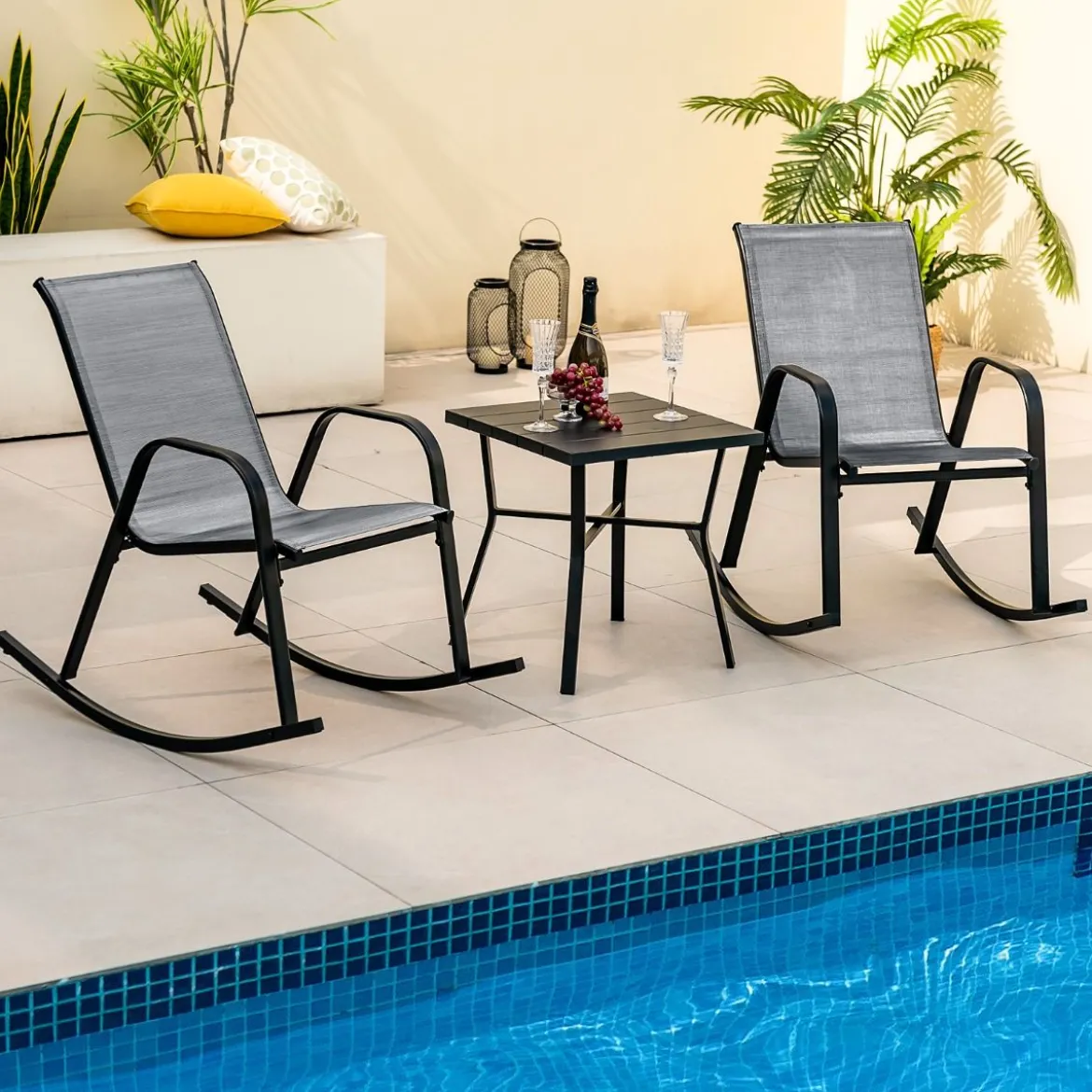 2er Set Schaukelstühle mit Atmungsaktivem Stoffsitz Ergonomische Terrassenstühle
