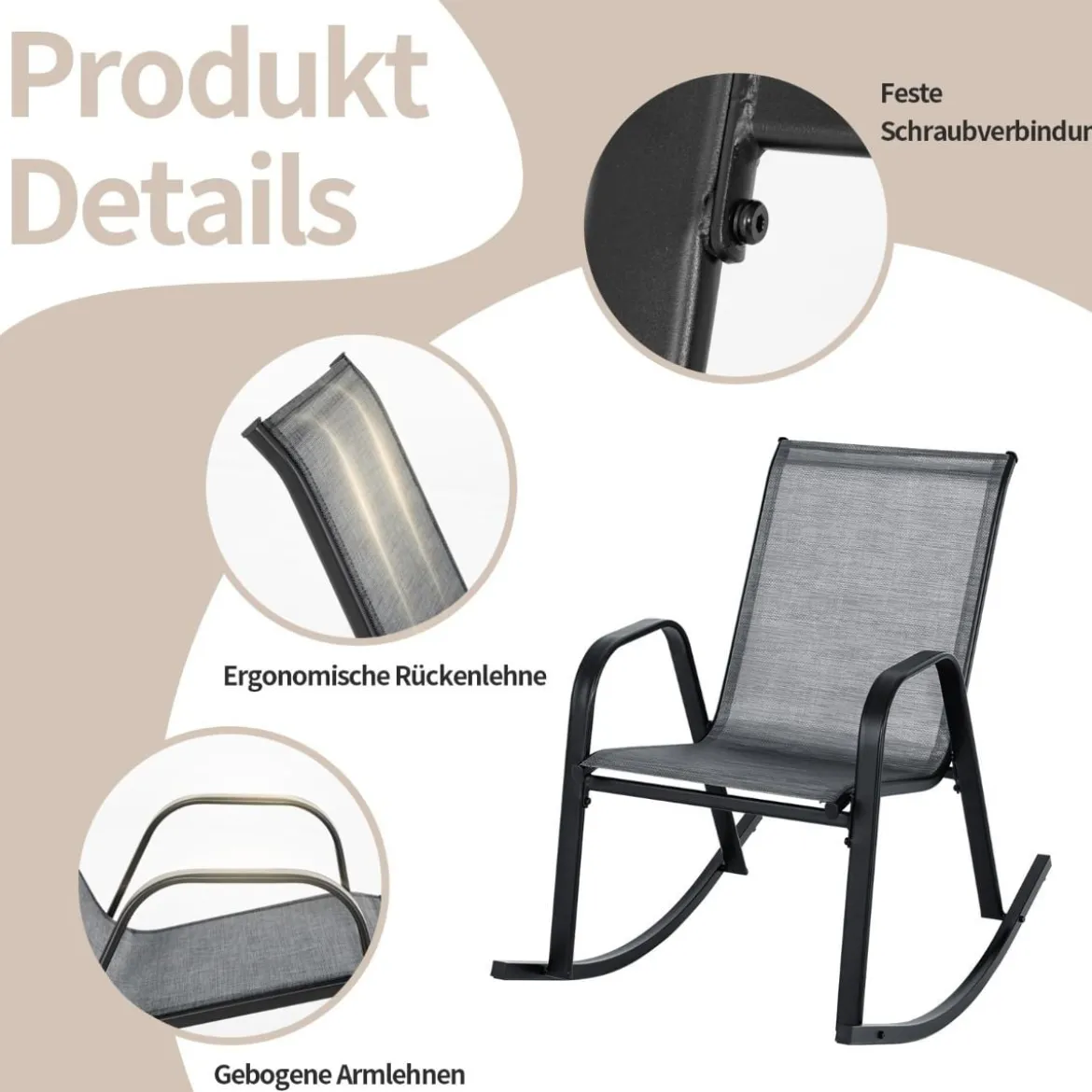 2er Set Schaukelstühle mit Atmungsaktivem Stoffsitz Ergonomische Terrassenstühle