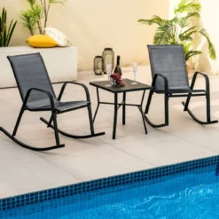 2er Set Schaukelstühle mit Atmungsaktivem Stoffsitz Ergonomische Terrassenstühle