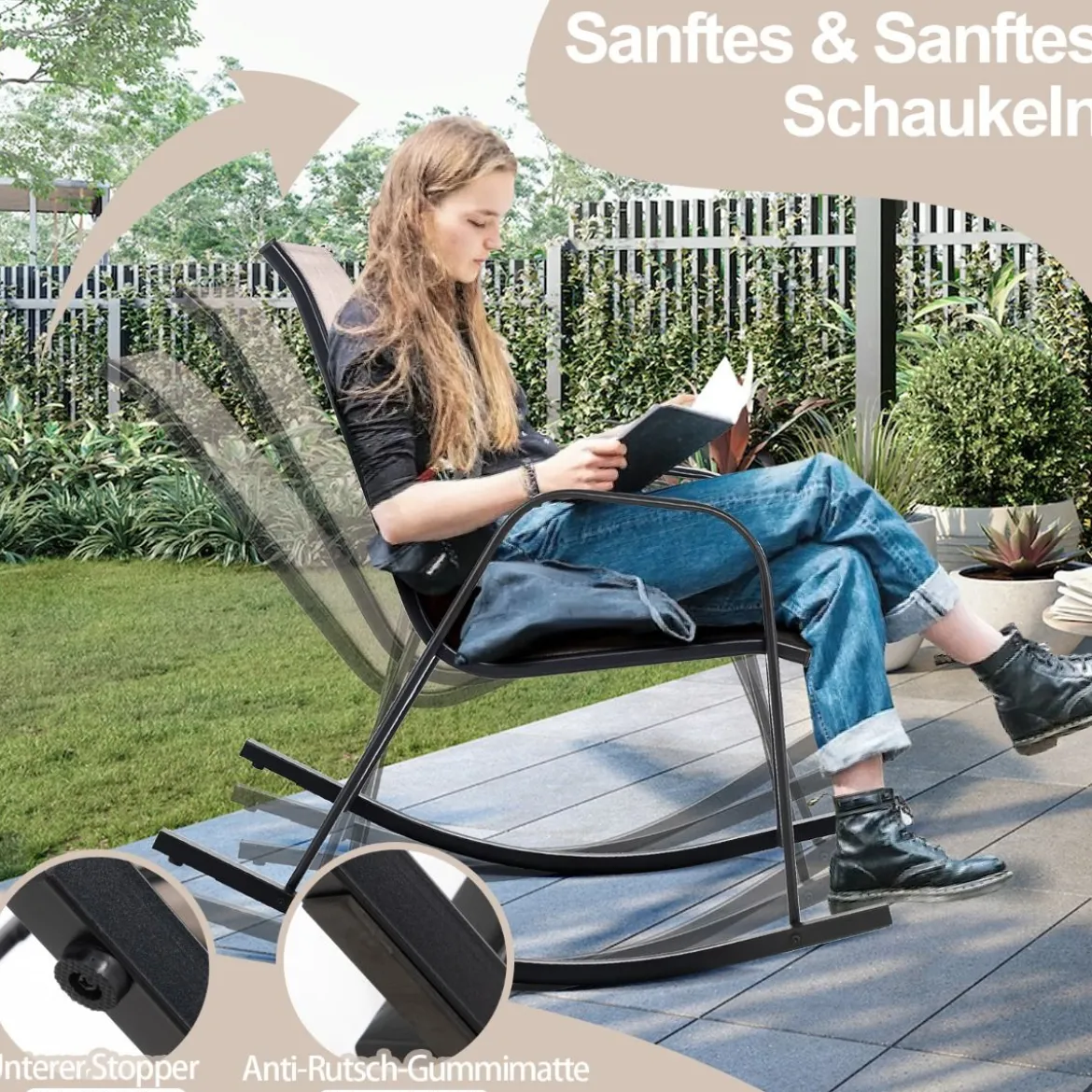 2er Set Schaukelstühle mit Atmungsaktivem Stoffsitz Ergonomische Terrassenstühle
