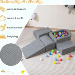 5er Set Schaumstoff Bausteine mit Ballgrube (Bälle nicht enthalten) & Cordstoff-Bezügen Kletterblöcke Spielbausteine Grau