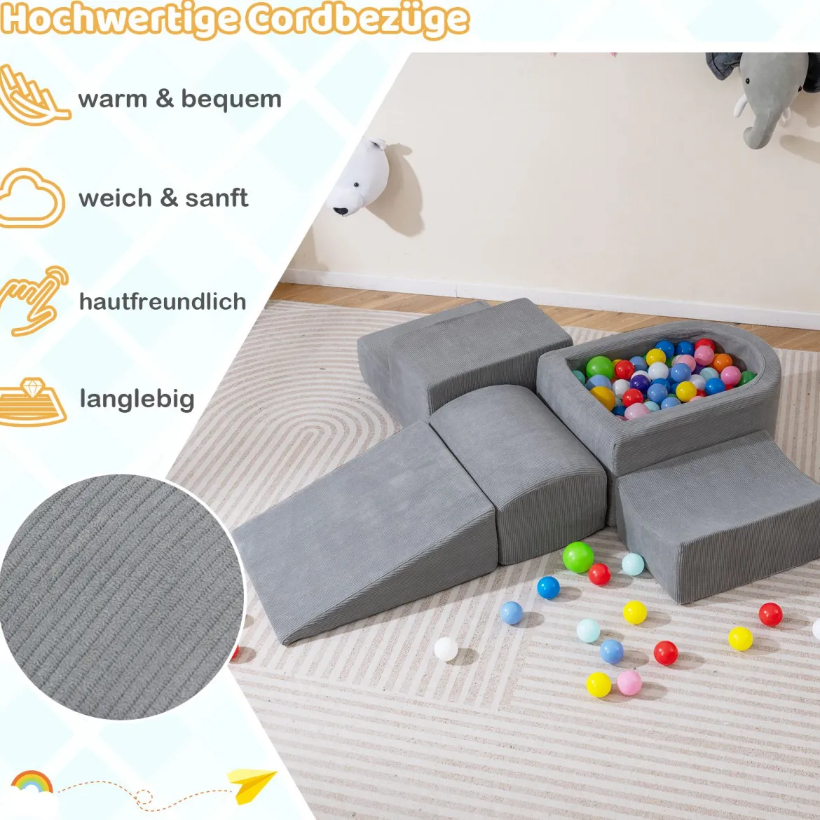 5er Set Schaumstoff Bausteine mit Ballgrube (Bälle nicht enthalten) & Cordstoff-Bezügen Kletterblöcke Spielbausteine Grau