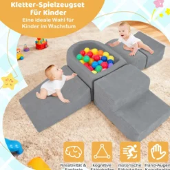 5er Set Schaumstoff Bausteine mit Ballgrube (Bälle nicht enthalten) & Cordstoff-Bezügen Kletterblöcke Spielbausteine Grau