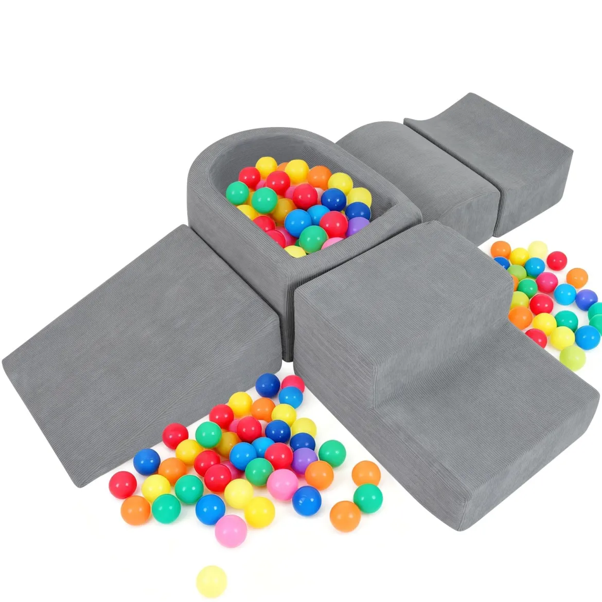 5er Set Schaumstoff Bausteine mit Ballgrube (Bälle nicht enthalten) & Cordstoff-Bezügen Kletterblöcke Spielbausteine Grau