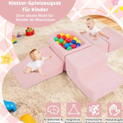 5er Set Schaumstoff Bausteine mit Ballgrube (Bälle nicht enthalten) & Cordstoff-Bezügen Kletterblöcke Spielbausteine Rosa