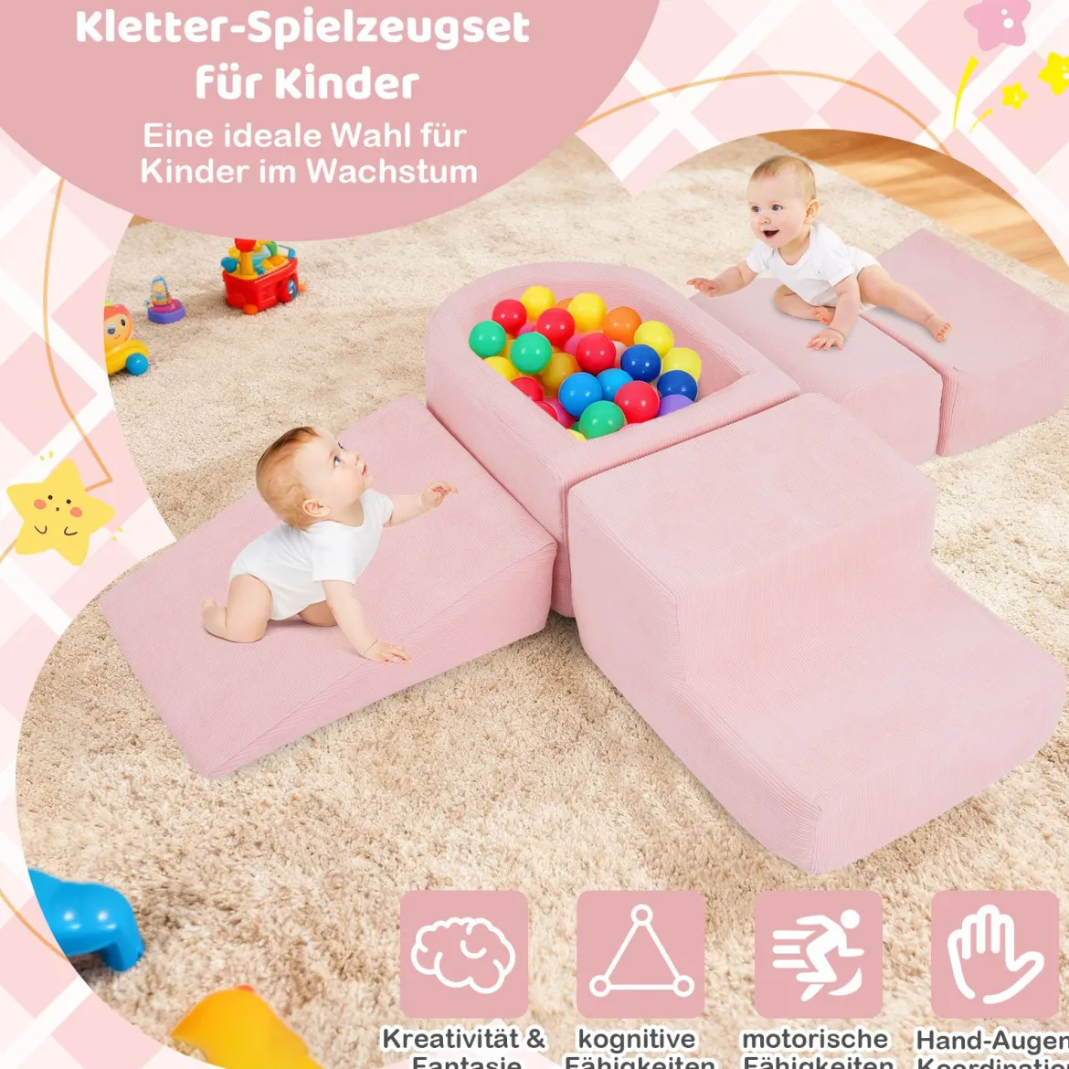 5er Set Schaumstoff Bausteine mit Ballgrube (Bälle nicht enthalten) & Cordstoff-Bezügen Kletterblöcke Spielbausteine Rosa