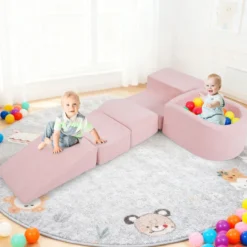 5er Set Schaumstoff Bausteine mit Ballgrube (Bälle nicht enthalten) & Cordstoff-Bezügen Kletterblöcke Spielbausteine Rosa