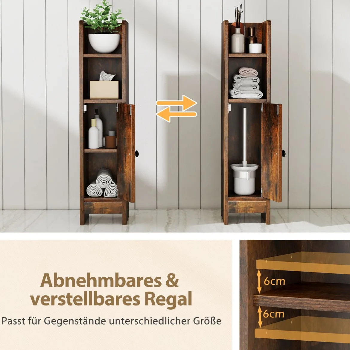 2er Set Schmaler Toilettenschrank mit 2 Offenen Fächern & 2 Abnehmbarer Ablage Badschrank Vintage