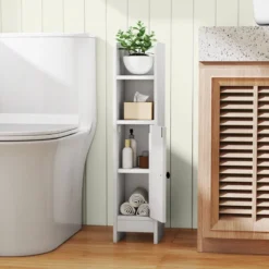 2er Set Schmaler Toilettenschrank mit 2 Offenen Fächern & 2 Abnehmbarer Ablage Badschrank Weiß