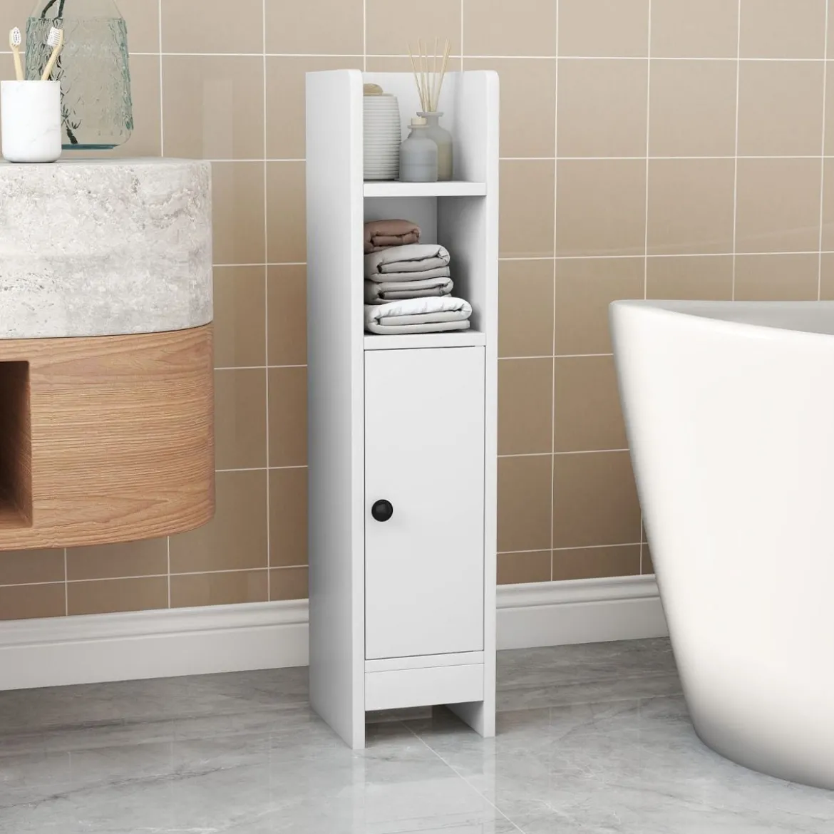 2er Set Schmaler Toilettenschrank mit 2 Offenen Fächern & 2 Abnehmbarer Ablage Badschrank Weiß