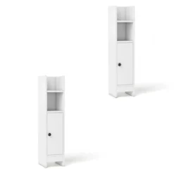 2er Set Schmaler Toilettenschrank mit 2 Offenen Fächern & 2 Abnehmbarer Ablage Badschrank Weiß