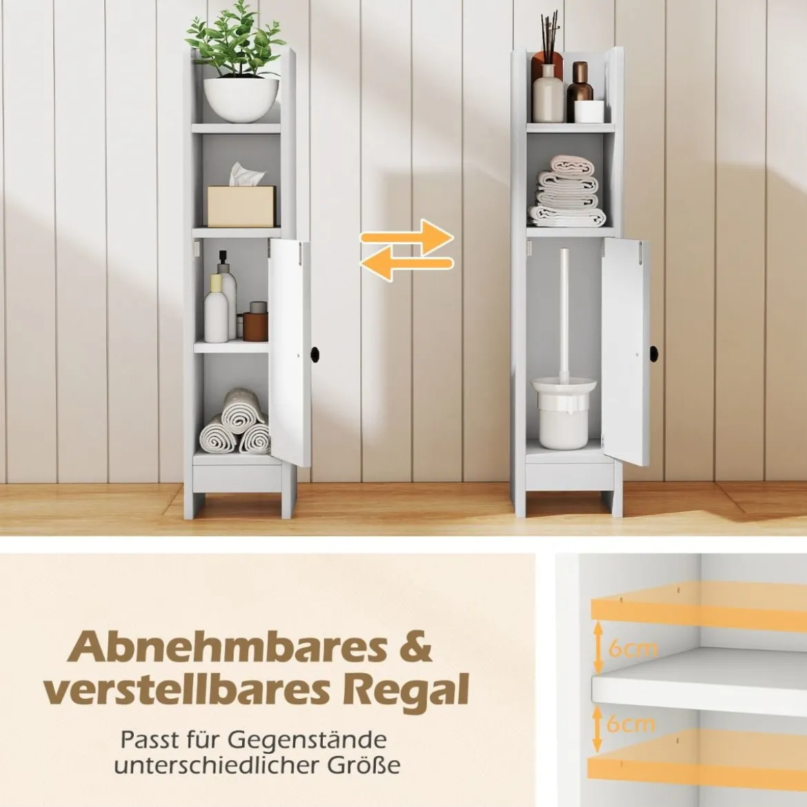 2er Set Schmaler Toilettenschrank mit 2 Offenen Fächern & 2 Abnehmbarer Ablage Badschrank Weiß