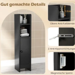 2er Set Schmaler Toilettenschrank mit 2 Offenen Fächern & 2 Abnehmbarer Ablage Badschrank Schwarz