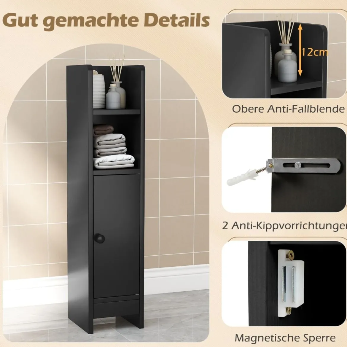 2er Set Schmaler Toilettenschrank mit 2 Offenen Fächern & 2 Abnehmbarer Ablage Badschrank Schwarz