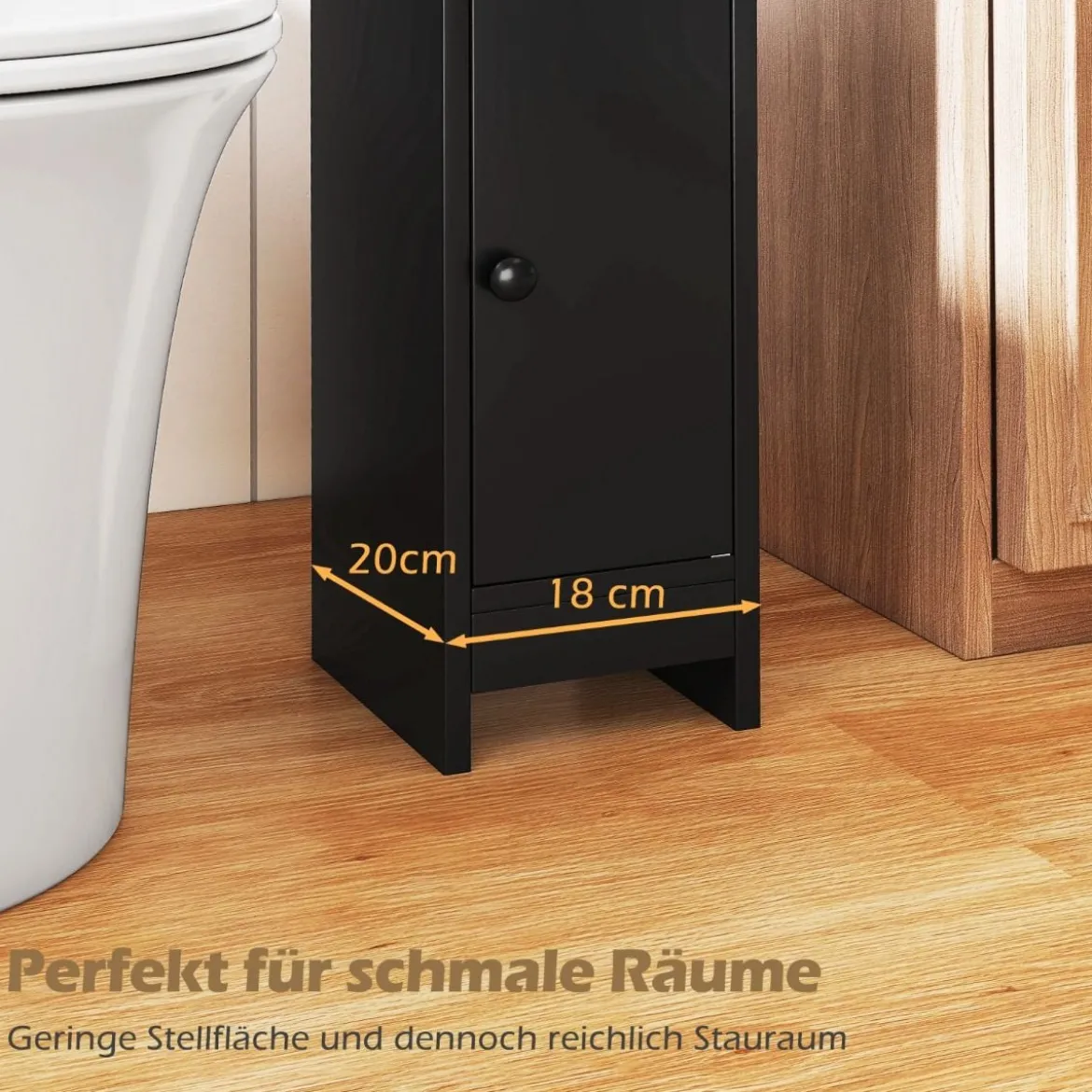 2er Set Schmaler Toilettenschrank mit 2 Offenen Fächern & 2 Abnehmbarer Ablage Badschrank Schwarz