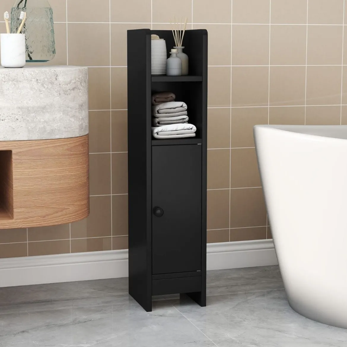 2er Set Schmaler Toilettenschrank mit 2 Offenen Fächern & 2 Abnehmbarer Ablage Badschrank Schwarz
