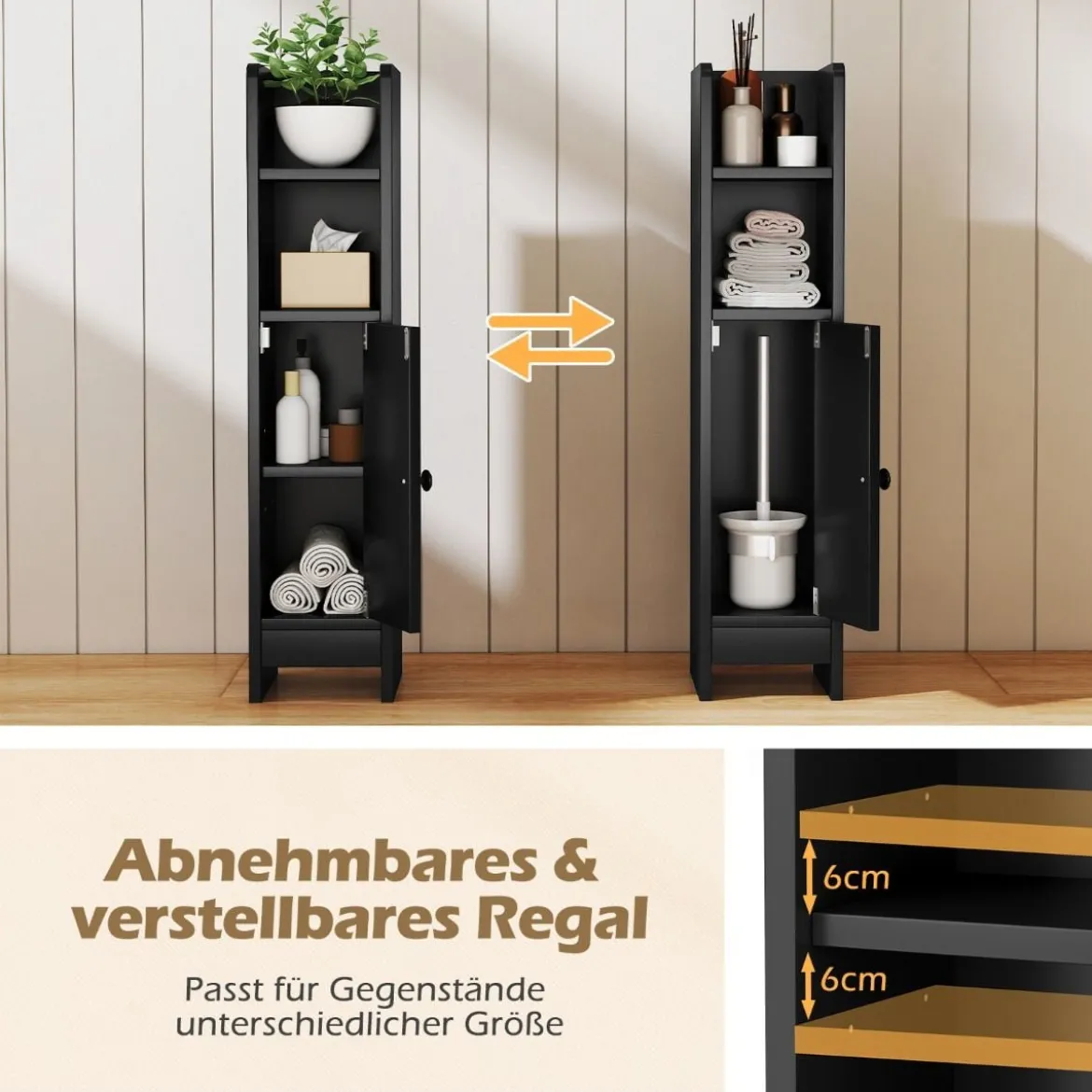 2er Set Schmaler Toilettenschrank mit 2 Offenen Fächern & 2 Abnehmbarer Ablage Badschrank Schwarz