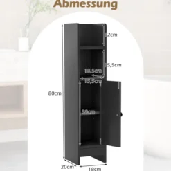 2er Set Schmaler Toilettenschrank mit 2 Offenen Fächern & 2 Abnehmbarer Ablage Badschrank Schwarz