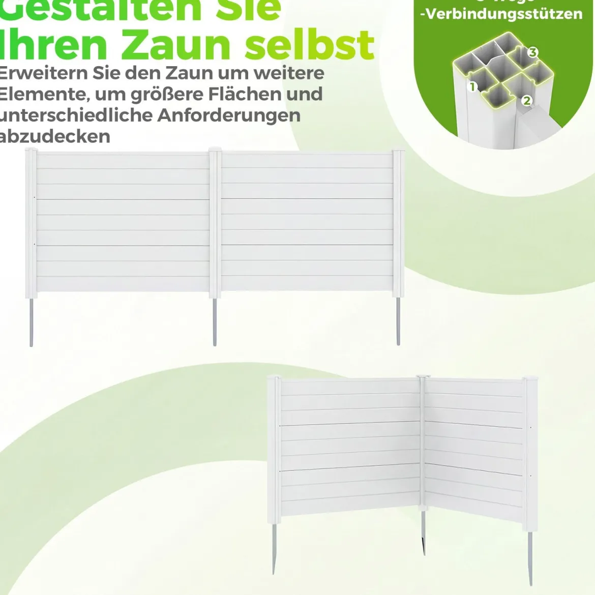 2er Set Sichtschutzzaun Gartenzaun mit 2 Paneelen wetterfester Lamellenzaun mit 3 Pfählen Weiß