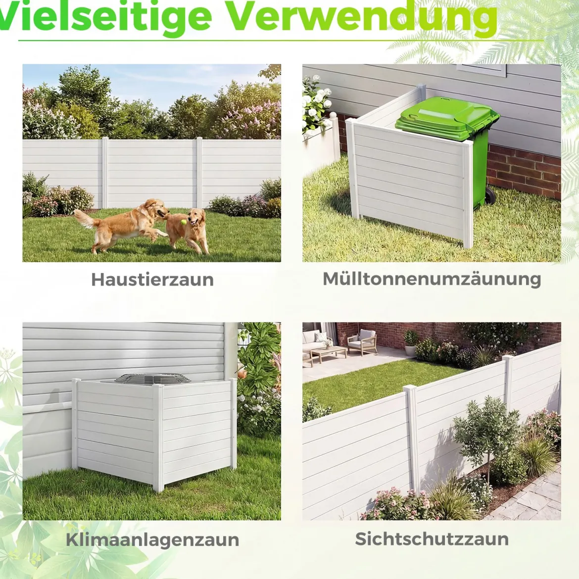 2er Set Sichtschutzzaun Gartenzaun mit 2 Paneelen wetterfester Lamellenzaun mit 3 Pfählen Weiß